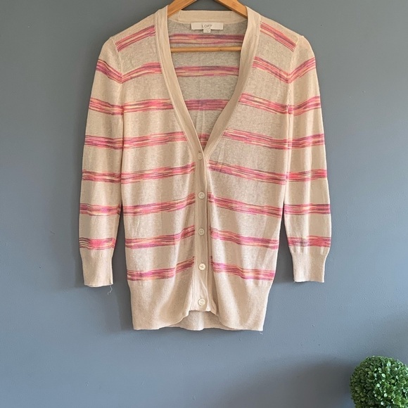 LOFT Space Dye Stripe V Neck Linen Cardigan Small - Picture 1 of 3